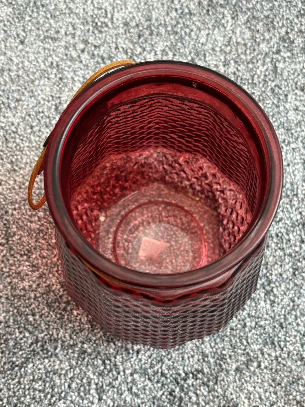 Red Textured Glass Vase with Suede Leaf Accent